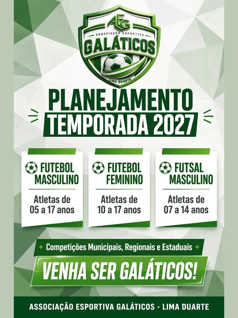 Arte do clube: Planejamento Temporada 2027, futebol masculino de 5 a 17 anos, futebol feminino de 10 a 17 anos e futsal masculino de 7 a 14 anos